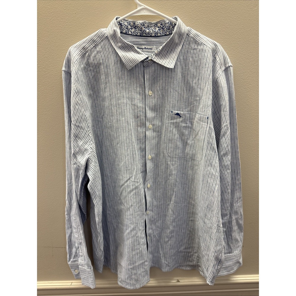 Tommy Bahama Mens Bungalow Stripe IslandZone Linen Blend Shirt XXL Blue Striped